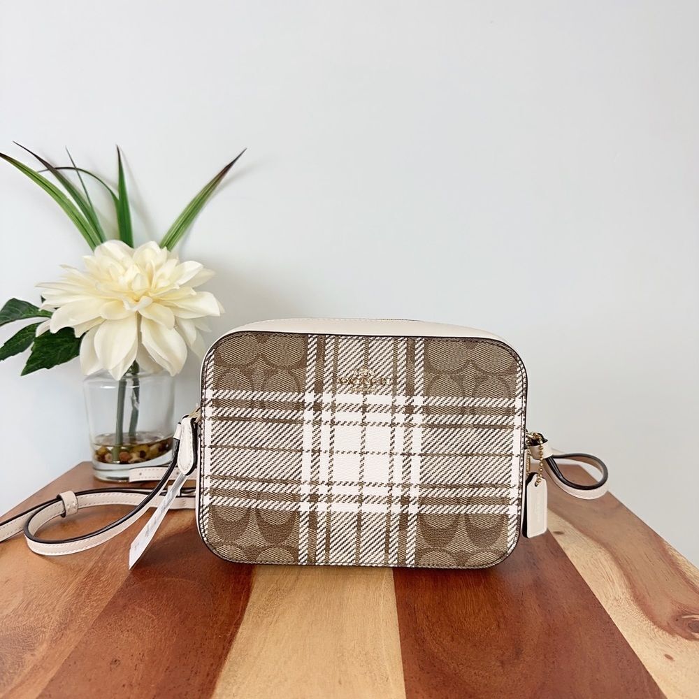 NWT Coach Mini Camera Bag In Signature Canvas With Hunting Fishing Plaid Print